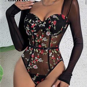 SHEIN Black and Pink Bustier Bodysuit with Long Sleeves